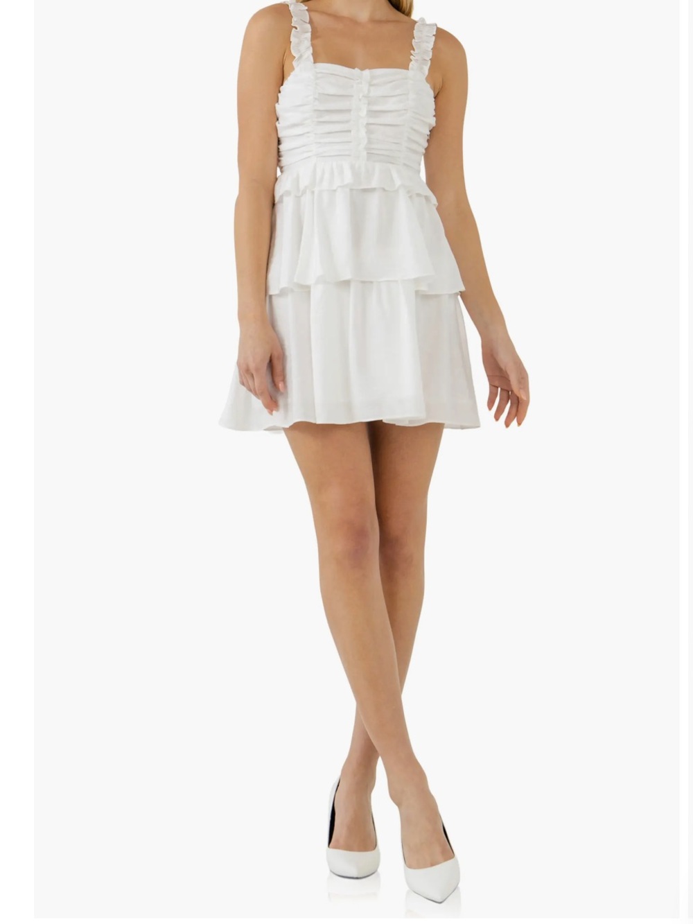 Endless Rose White Ruffled Tiered Mini Dress with Square Neck